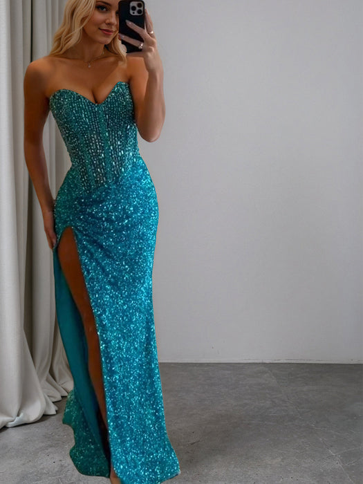 Strapless Sweetheart Sequins Bodycon Prom Dress with Beading