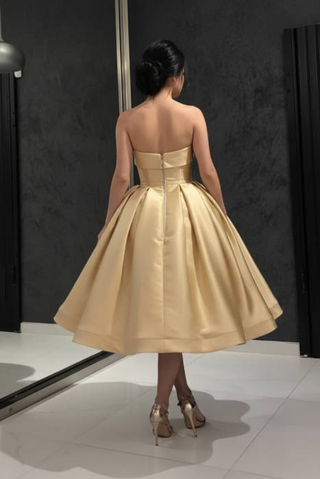 Strapless Tea Length Golden Prom Dress Sleeveless Aline Homecoming Dress Satin Cocktail Dress