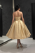 Strapless Tea Length Golden Prom Dress Sleeveless Aline Homecoming Dress Satin Cocktail Dress
