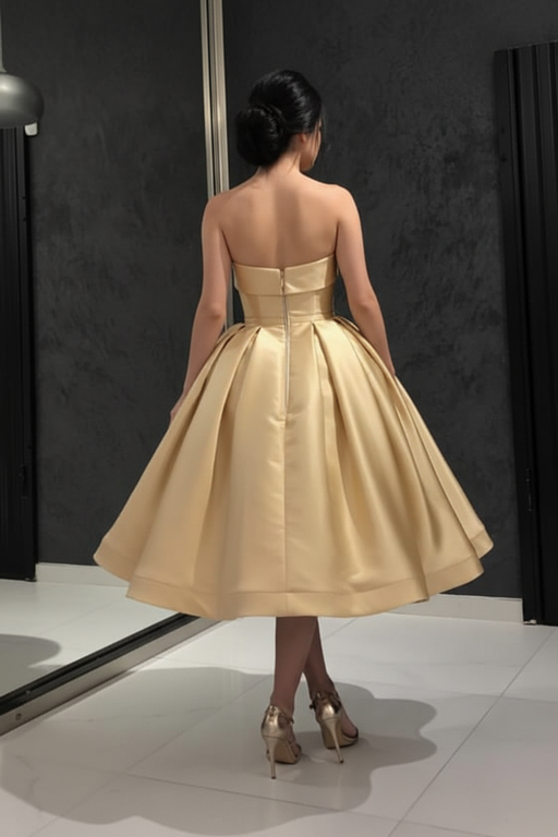 Strapless Tea Length Golden Prom Dress Sleeveless Aline Homecoming Dress Satin Cocktail Dress