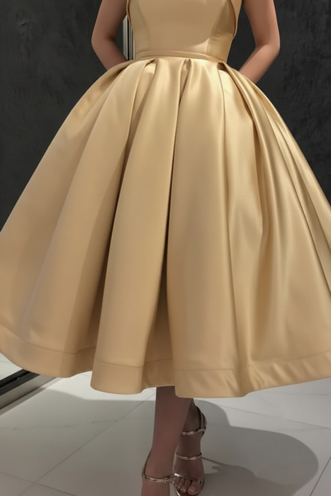Strapless Tea Length Golden Prom Dress Sleeveless Aline Homecoming Dress Satin Cocktail Dress