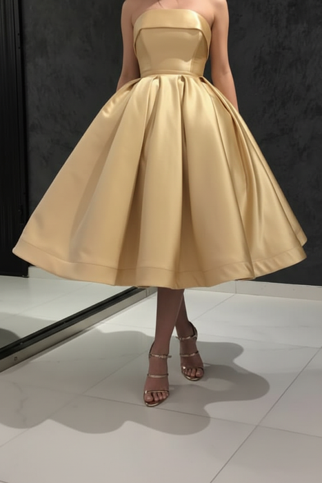 Strapless Tea Length Golden Prom Dress Sleeveless Aline Homecoming Dress Satin Cocktail Dress