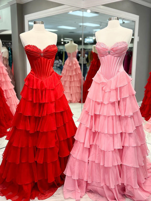Strapless Tiered Ruffle Corset Prom Dress Sweetheart with High Slit