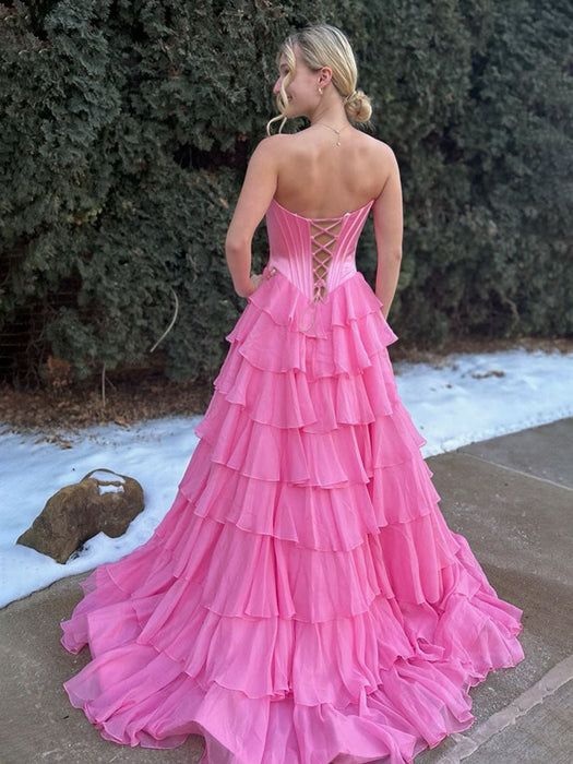 Hot Pink Strapless Tiered Ruffle Corset Prom Dress Sweetheart with High Slit