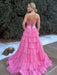 Hot Pink Strapless Tiered Ruffle Corset Prom Dress Sweetheart with High Slit