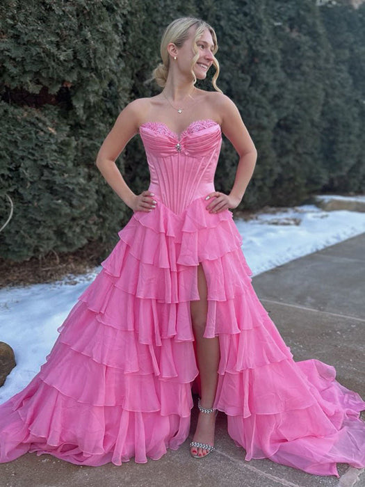 Hot Pink Strapless Tiered Ruffle Corset Prom Dress Sweetheart with High Slit