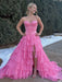 Hot Pink Strapless Tiered Ruffle Corset Prom Dress Sweetheart with High Slit