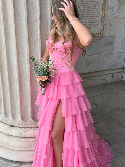 Hot Pink Strapless Tiered Ruffle Corset Prom Dress Sweetheart with High Slit