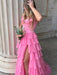 Hot Pink Strapless Tiered Ruffle Corset Prom Dress Sweetheart with High Slit