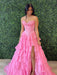 Hot Pink Strapless Tiered Ruffle Corset Prom Dress Sweetheart with High Slit