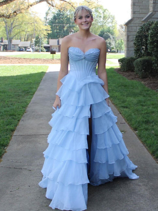 Sky Blue Strapless Tiered Ruffle Corset Prom Dress Sweetheart with High Slit