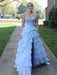 Sky Blue Strapless Tiered Ruffle Corset Prom Dress Sweetheart with High Slit