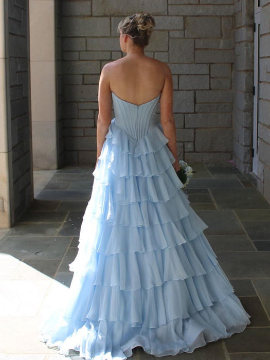 Sky Blue Strapless Tiered Ruffle Corset Prom Dress Sweetheart with High Slit