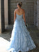 Sky Blue Strapless Tiered Ruffle Corset Prom Dress Sweetheart with High Slit