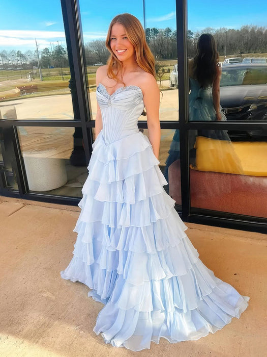 Sky Blue Strapless Tiered Ruffle Corset Prom Dress Sweetheart with High Slit