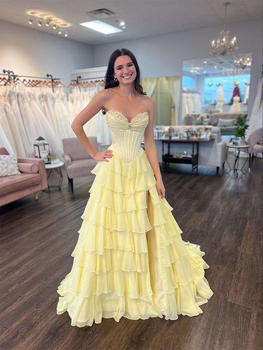 Yellow Strapless Tiered Ruffle Corset Prom Dress Sweetheart with High Slit