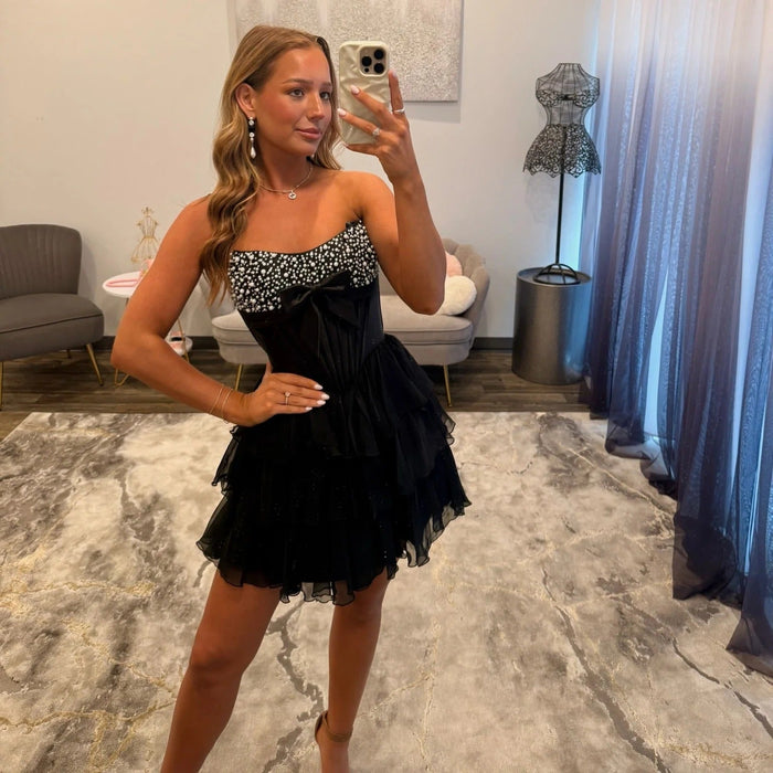 Black Strapless Tiered Ruffle Short Homecoming Dress with Pearls