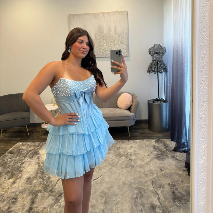 Sky Blue Strapless Tiered Ruffle Short Homecoming Dress with Pearls