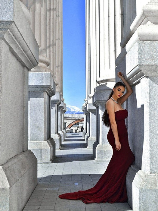 Trumpet/Mermaid Stretch Crepe Sleeveless Ruffles Sweep/Brush Train Strapless Dresses - Prom Dresses