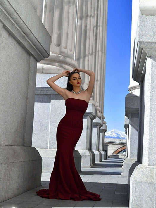 Trumpet/Mermaid Stretch Crepe Sleeveless Ruffles Sweep/Brush Train Strapless Dresses - Prom Dresses