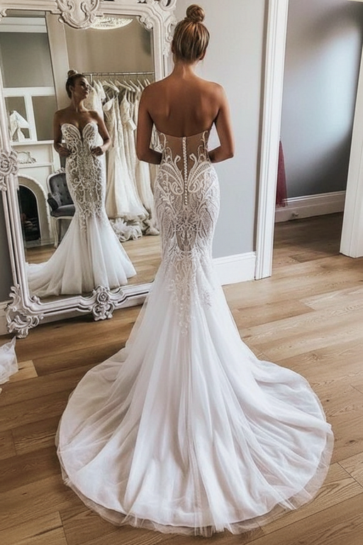 Gorgeous Strapless Tulle Mermaid Long Wedding Dress - Wedding Dresses