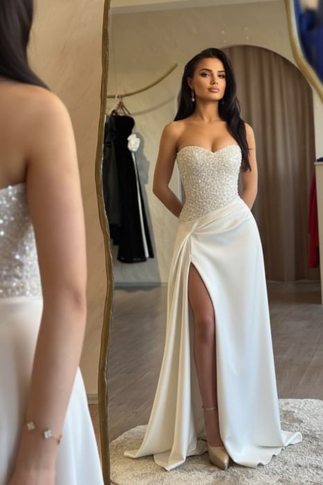 Strapless White Sequins Sheath Long Prom Dress Ruffle Satin Side Split Dress