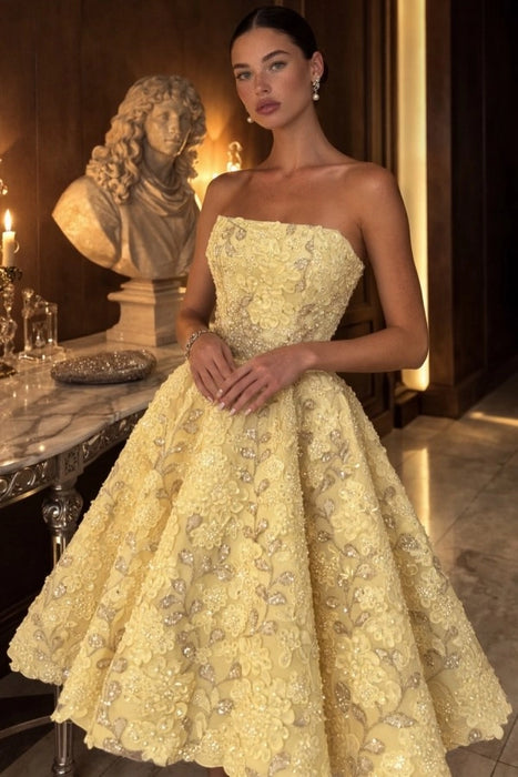 Strapless Tea Length Evening Dress Aline Sleeveless Yellow Floral Prom Dress