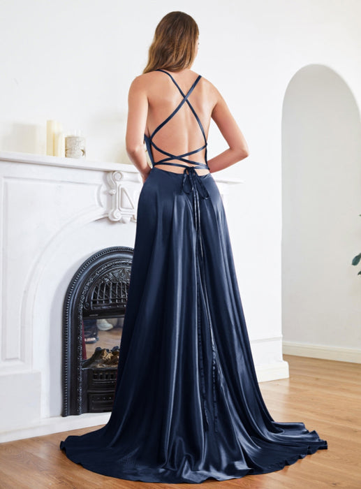Stunning A-Line Square Neck Spaghetti Straps Satin Prom Dresses with S Bridelily Stunning A-Line Square Neck Spaghetti Straps Satin Prom Dresses with S Bridelily