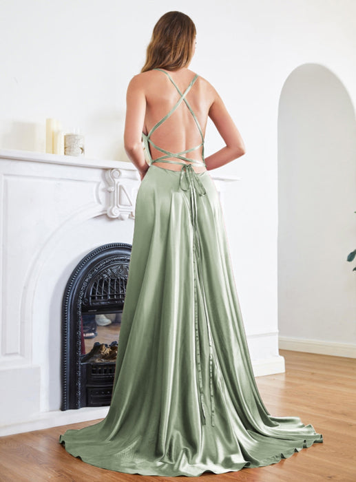 Stunning A-Line Square Neck Spaghetti Straps Satin Prom Dresses with S Bridelily Stunning A-Line Square Neck Spaghetti Straps Satin Prom Dresses with S Bridelily