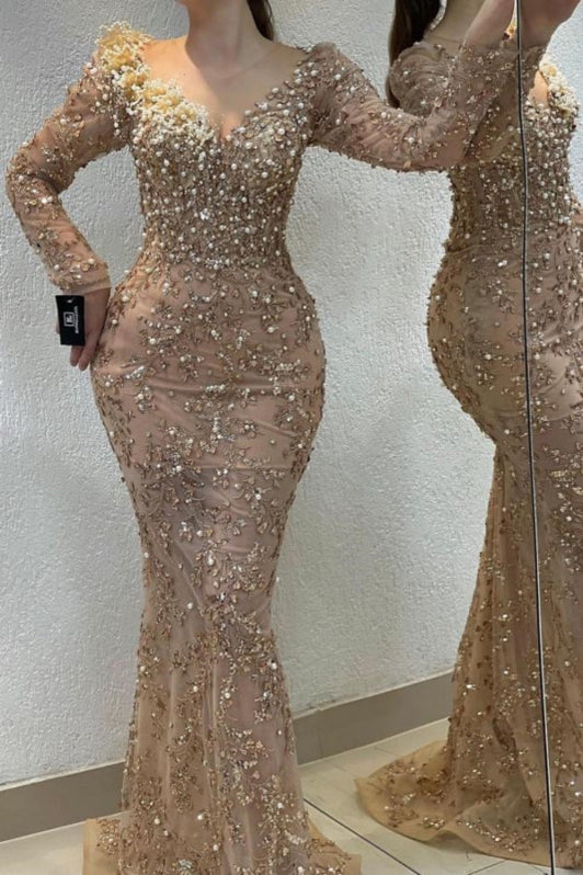 Sale Beading Sequined Tulle Evening Dress Transparent Long Sleeves Mermaid Evening Gown LA6395