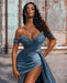 Stunning Blue Off-the-shoulder High Split Evening Dresses - Prom Dresses