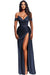 Stunning Blue Off-the-shoulder High Split Evening Dresses - Prom Dresses