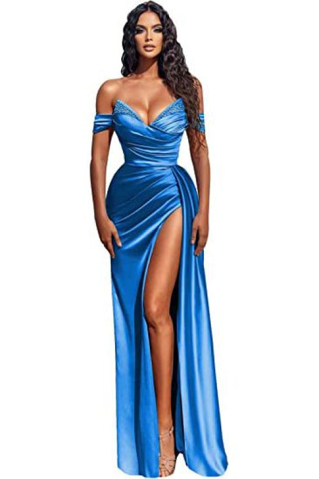 Stunning Blue Off-the-shoulder High Split Evening Dresses - Prom Dresses
