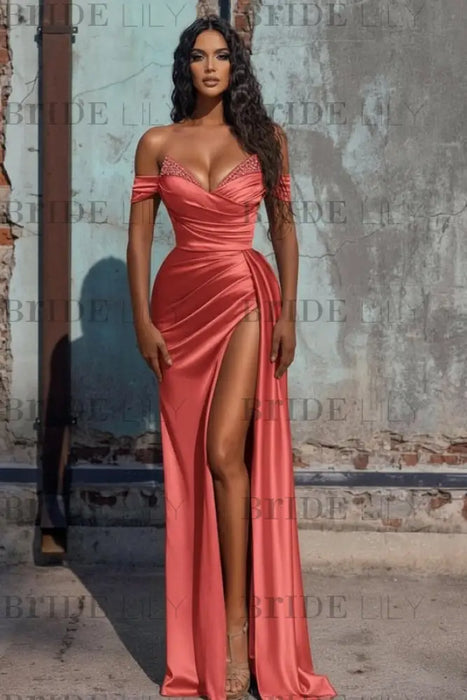 Stunning Blue Off-the-shoulder High Split Evening Dresses-Bridelily Stunning Blue Off-the-shoulder High Split Evening Dresses-Bridelily