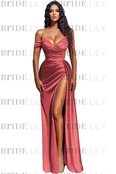 Stunning Blue Off-the-shoulder High Split Evening Dresses - Prom Dresses