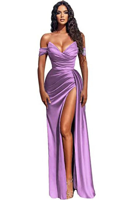 Stunning Blue Off-the-shoulder High Split Evening Dresses - Prom Dresses