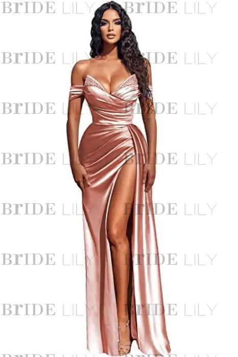 Stunning Blue Off-the-shoulder High Split Evening Dresses-Bridelily Stunning Blue Off-the-shoulder High Split Evening Dresses-Bridelily