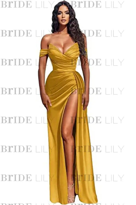 Stunning Blue Off-the-shoulder High Split Evening Dresses - Prom Dresses
