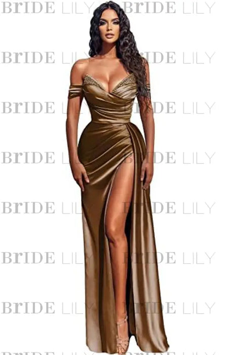 Stunning Blue Off-the-shoulder High Split Evening Dresses-Bridelily