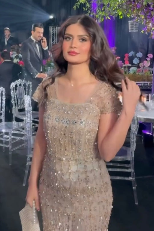 Stunning Champagne Mermaid Evening Dress Glitter Beadings Floor Length Dress