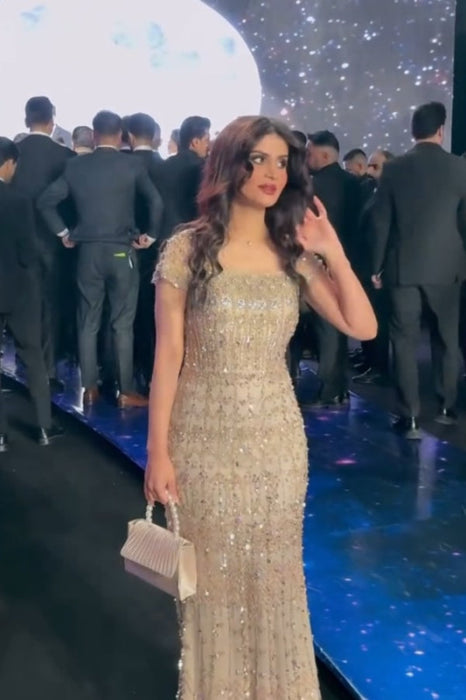 Stunning Champagne Mermaid Evening Dress Glitter Beadings Floor Length Dress