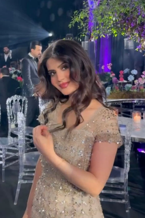 Stunning Champagne Mermaid Evening Dress Glitter Beadings Floor Length Dress