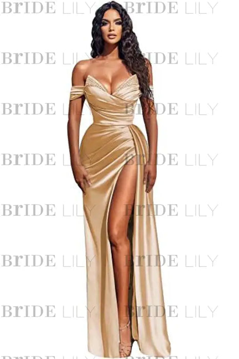 Stunning Blue Off-the-shoulder High Split Evening Dresses - Prom Dresses
