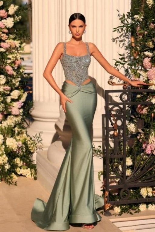Stunning Dusty Sage Prom Dress Mermaid Square Neck Beadings Party Dress - Prom Dresses