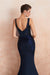 Stunning Navy Blue Jewel Neck Sleeveless Mermaid Prom Dress with Rhinestone Lace and Tassels