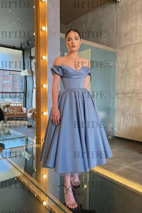 Dusty Blue Off-Shoulder Prom Dress
