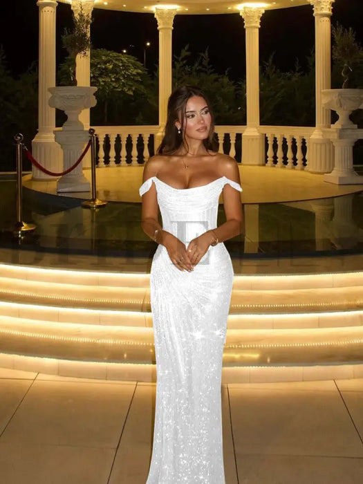 Stunning Off-the-Shoulder Mermaid Prom Dress with Sequins White