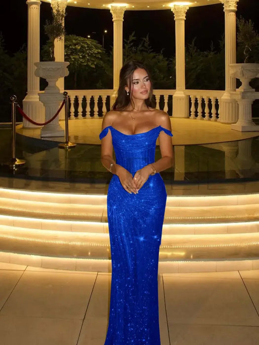 Stunning Off-the-Shoulder Mermaid Prom Dress with Sequins Royal Blue