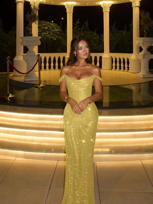 Stunning Off-the-Shoulder Mermaid Prom Dress with Sequins Yellow