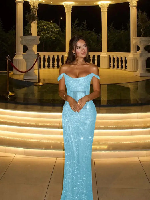 Stunning Off-the-Shoulder Mermaid Prom Dress with Sequins Sky Blue